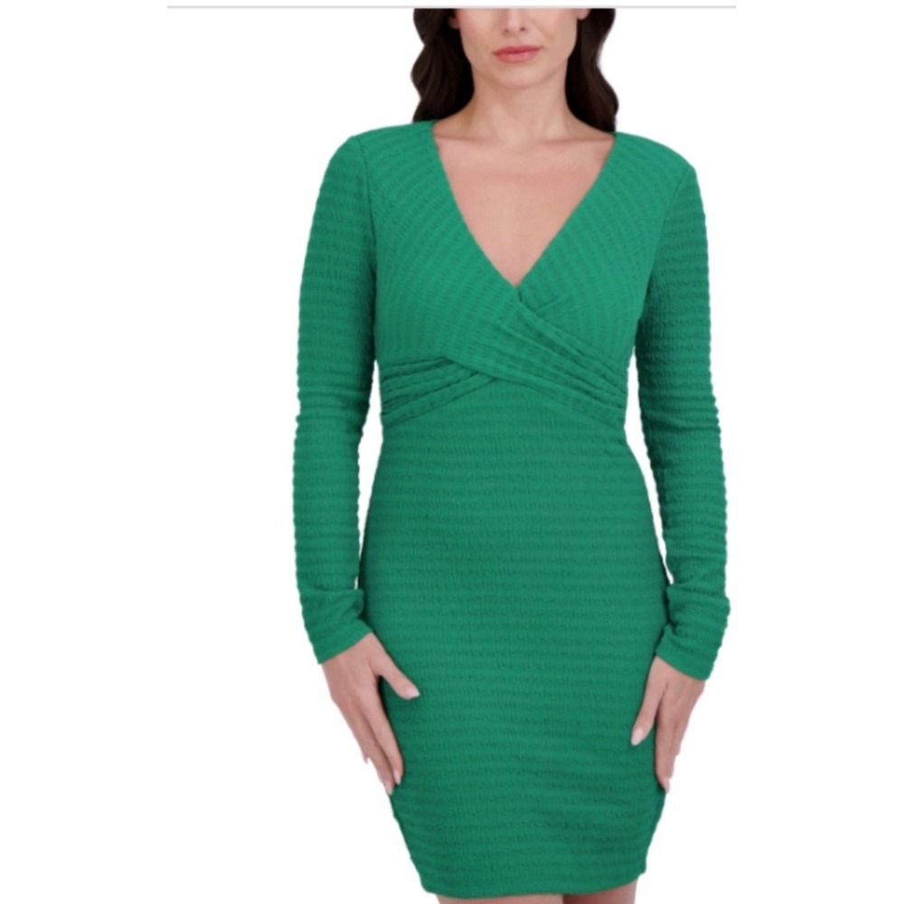 Siena Womens Green Textured Long Sleeve Surplice V-Neck Sheath Dress Size 10 NWT